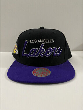 Mitchell & Ness NBA Los Angeles Lakers Script Black Purple SnapBack Hat New